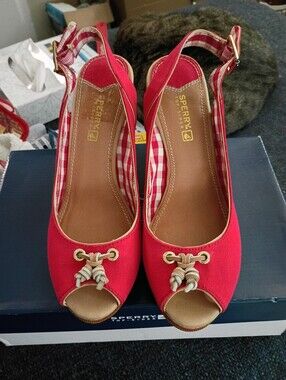 Sperry Red Canvas Peep-Toe Slingback Wedges with Rope Accent